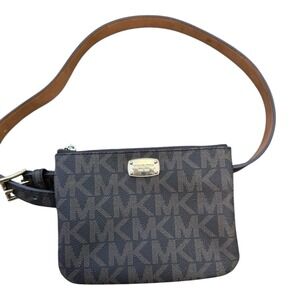 Michael Kors MK Logo Wristlet Brown PVC Leather Strap Zip Pouch Bag